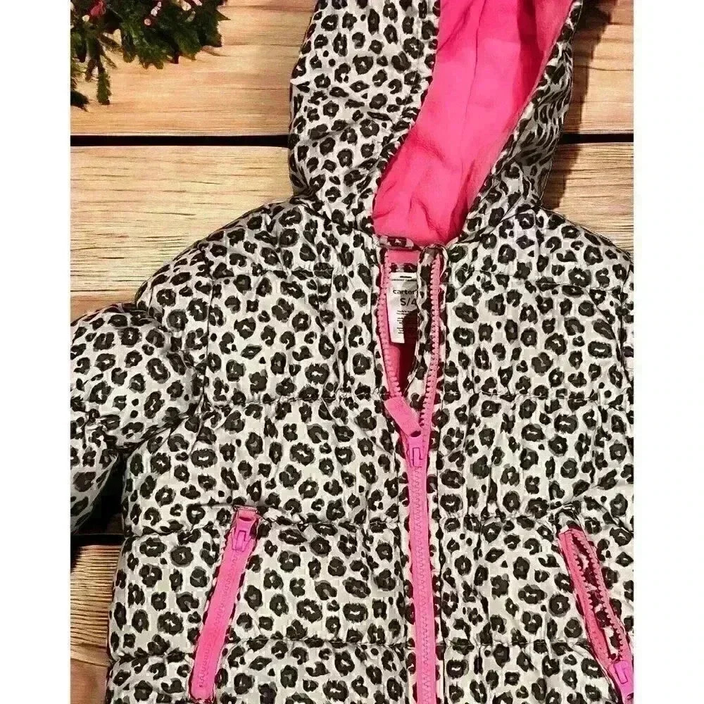 B09 Girls Carter Leopard Print Fuchsia Pink Fleece Liner Puffer Coat Sz S4